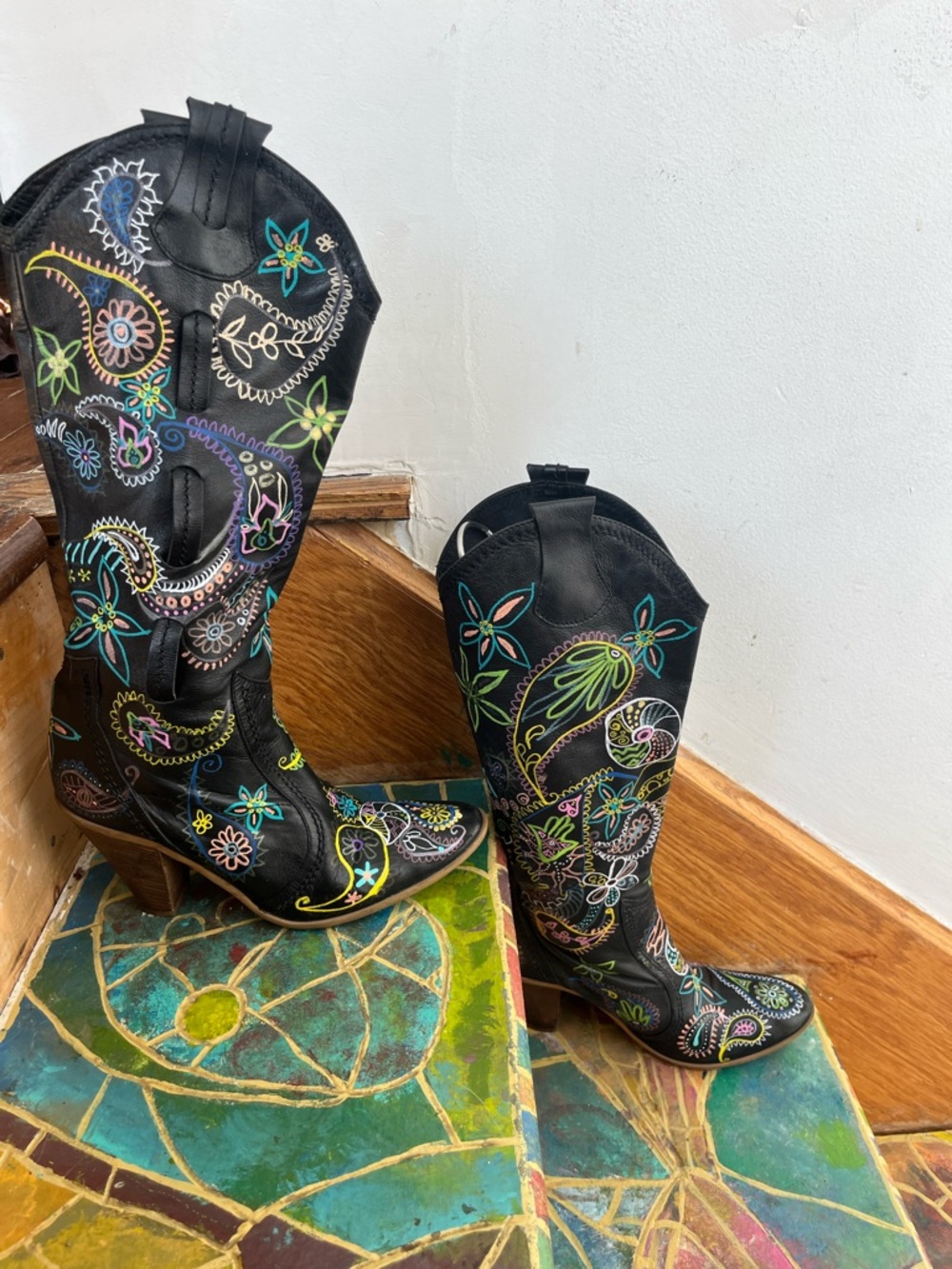 Black Embroidered Western Knee-High Boots - unique design (made by lilisoleil)